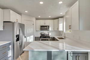 Kitchen with stainless steel appliances, kitchen peninsula, and gray cabinets