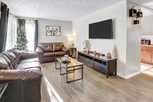 Living room with a textured ceiling and light wood-type flooring