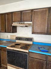 Kitchen featuring dark brown cabinets and electric stove