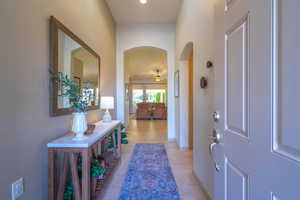 Tiled entryway with ceiling fan