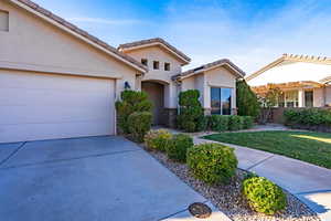 View of front of house with a garage and a front lawn