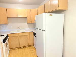 Kitchen featuring light wood-type flooring, light brown cabinetry, white appliances, and sink