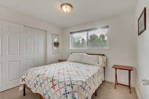 Bedroom featuring a closet and light colored carpet