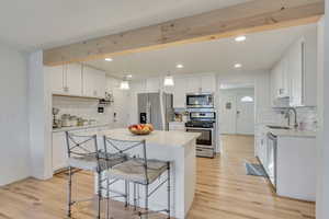 Kitchen with backsplash, sink, light hardwood / wood-style flooring, white cabinetry, and stainless steel appliances