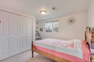 Carpeted bedroom with a closet