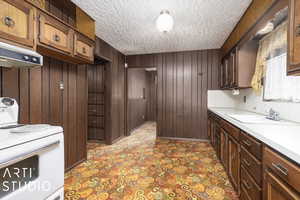 Kitchen with electric range, exhaust hood, sink, and wooden walls