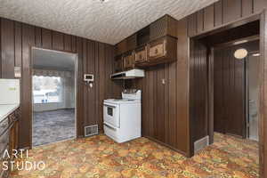 Laundry area featuring wooden walls, light colored carpet, and a textured ceiling