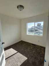 Empty room with dark colored carpet