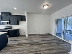 Kitchen featuring dark hardwood / wood-style floors and stainless steel appliances