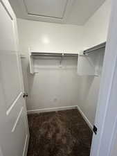 Spacious closet featuring dark colored carpet