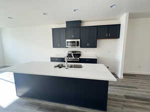 Kitchen with hardwood / wood-style floors, sink, stainless steel appliances, and an island with sink