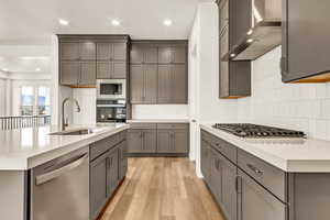 Kitchen featuring sink, wall chimney exhaust hood, stainless steel appliances, gray cabinets, and light wood-type flooring