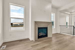 Unfurnished living room with a mountain view and light hardwood / wood-style flooring