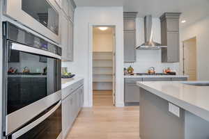 Kitchen with gray cabinetry, backsplash, appliances with stainless steel finishes, light wood finished floors, and wall chimney exhaust hood