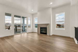 Unfurnished living room featuring a mountain view, plenty of natural light, and wood-type flooring