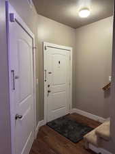 Entryway with dark wood-type flooring and a textured ceiling