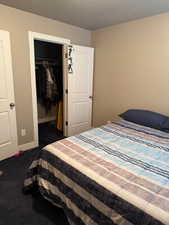 Carpeted bedroom featuring a closet