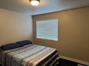 Carpeted bedroom with a textured ceiling