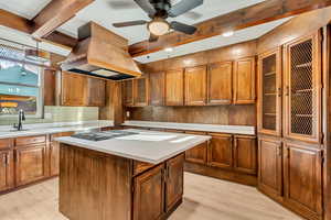 Kitchen with light wood-type flooring, custom range hood, ceiling fan, sink, and a center island