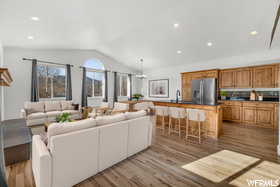 Living room with sink, light hardwood / wood-style flooring, and vaulted ceiling