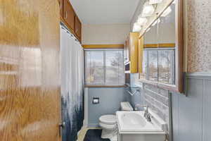 Bathroom with plenty of natural light, vanity, and toilet