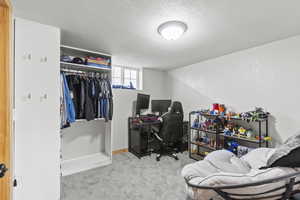 Home office with a textured ceiling and light colored carpet