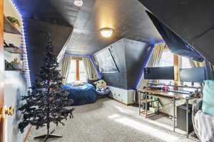 Carpeted bedroom featuring lofted ceiling