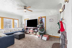 Living room featuring carpet flooring, ceiling fan, and a textured ceiling