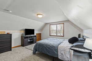 Bedroom featuring light carpet and vaulted ceiling