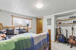 Carpeted bedroom featuring electric panel and a textured ceiling