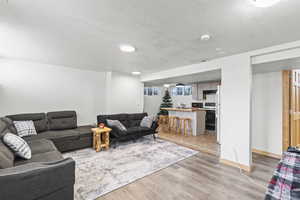 Living room with a textured ceiling and light hardwood / wood-style flooring