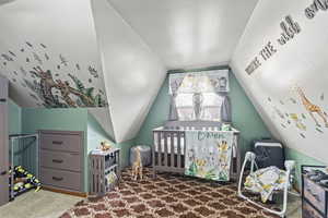 Carpeted bedroom with lofted ceiling and a nursery area