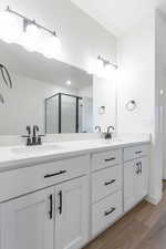 Bathroom featuring a shower with shower door, vanity, and wood-type flooring