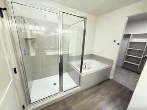 Bathroom with separate shower and tub and wood-type flooring