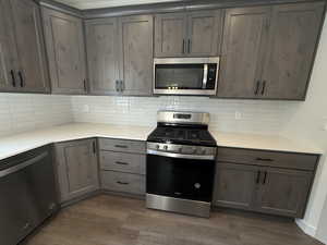 Kitchen featuring decorative backsplash, appliances with stainless steel finishes, and dark hardwood / wood-style flooring