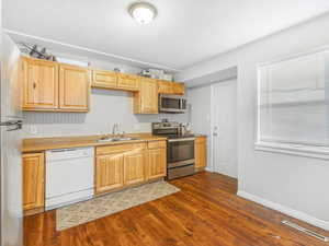 Kitchen with appliances with stainless steel finishes, dark hardwood / wood-style flooring, light brown cabinetry, and sink