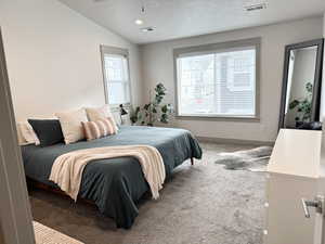 Carpeted bedroom featuring vaulted ceiling.