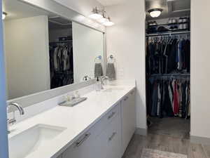 Bathroom featuring hardwood / wood-style floors and vanity