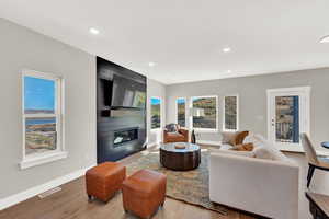 Living room featuring a fireplace and hardwood / wood-style floors