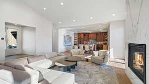 Living room featuring high vaulted ceiling, light hardwood / wood-style flooring, and a premium fireplace