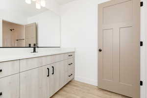 Bathroom with vanity and wood-type flooring