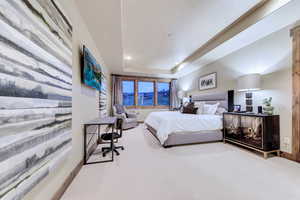 Bedroom with carpet flooring and a tray ceiling