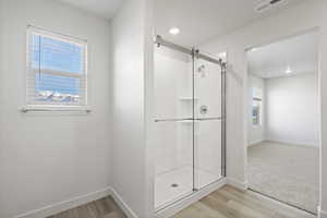 Bathroom featuring wood-type flooring and walk in shower