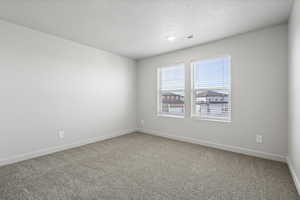 Carpeted spare room with a textured ceiling