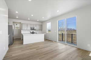 Kitchen with appliances with stainless steel finishes, gray cabinets, light hardwood / wood-style floors, and an island with sink