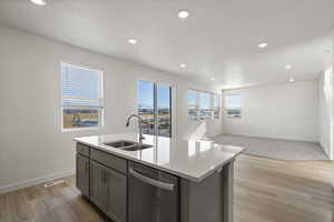 Kitchen featuring sink, gray cabinetry, dishwasher, an island with sink, and light hardwood / wood-style floors