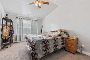 Main bedroom featuring vaulted ceilings