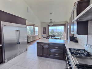 Kitchen featuring lofted ceilings, a wealth of natural light, over-sized fridge/freezer and professional range with dual ovens.