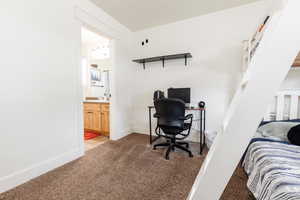 Office with sink and dark colored carpet