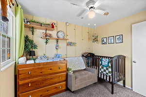 Carpeted bedroom featuring multiple windows and ceiling fan